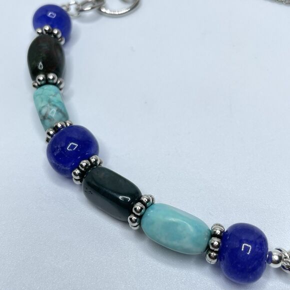 Boho Green Blue Gemstone Beaded Bar Silvertone Chain Necklace Chunky Statement - Picture 4 of 7